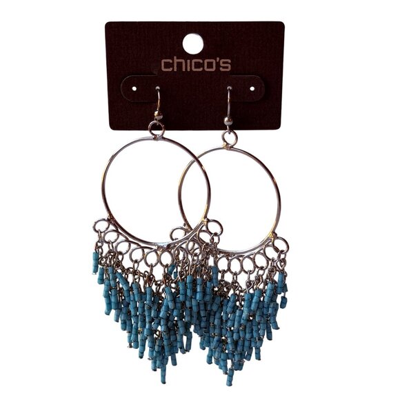 Vintage Chico;s Y2K Silver Hoop Earrings with Turquoise Seed Bead Fringe - Picture 1 of 8